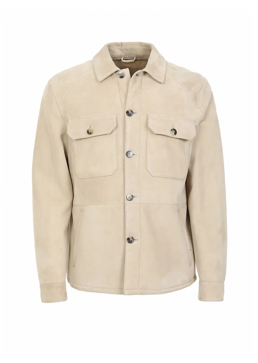 Bej Regular Fit Gömlek Yaka Casual Kürk Deri Mont - 6