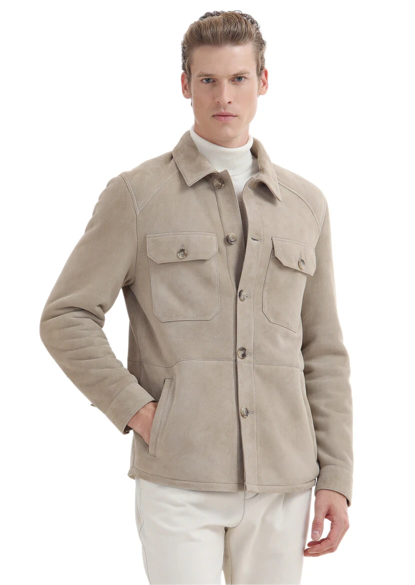 Bej Regular Fit Gömlek Yaka Casual Kürk Deri Mont - 3