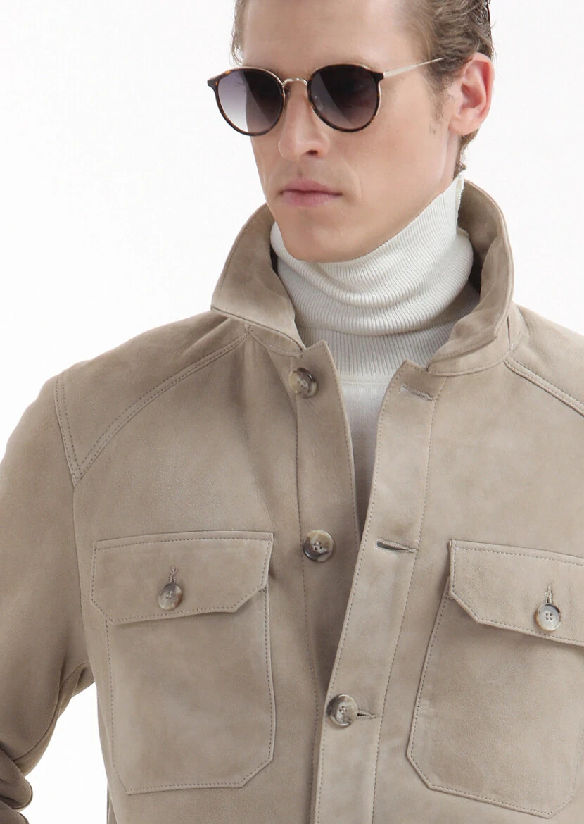 Bej Regular Fit Gömlek Yaka Casual Kürk Deri Mont - 4