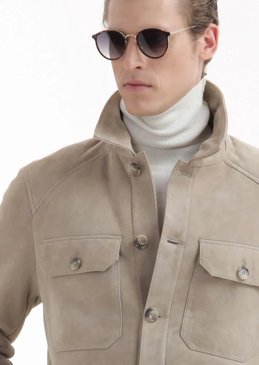 Bej Regular Fit Gömlek Yaka Casual Kürk Deri Mont - 4