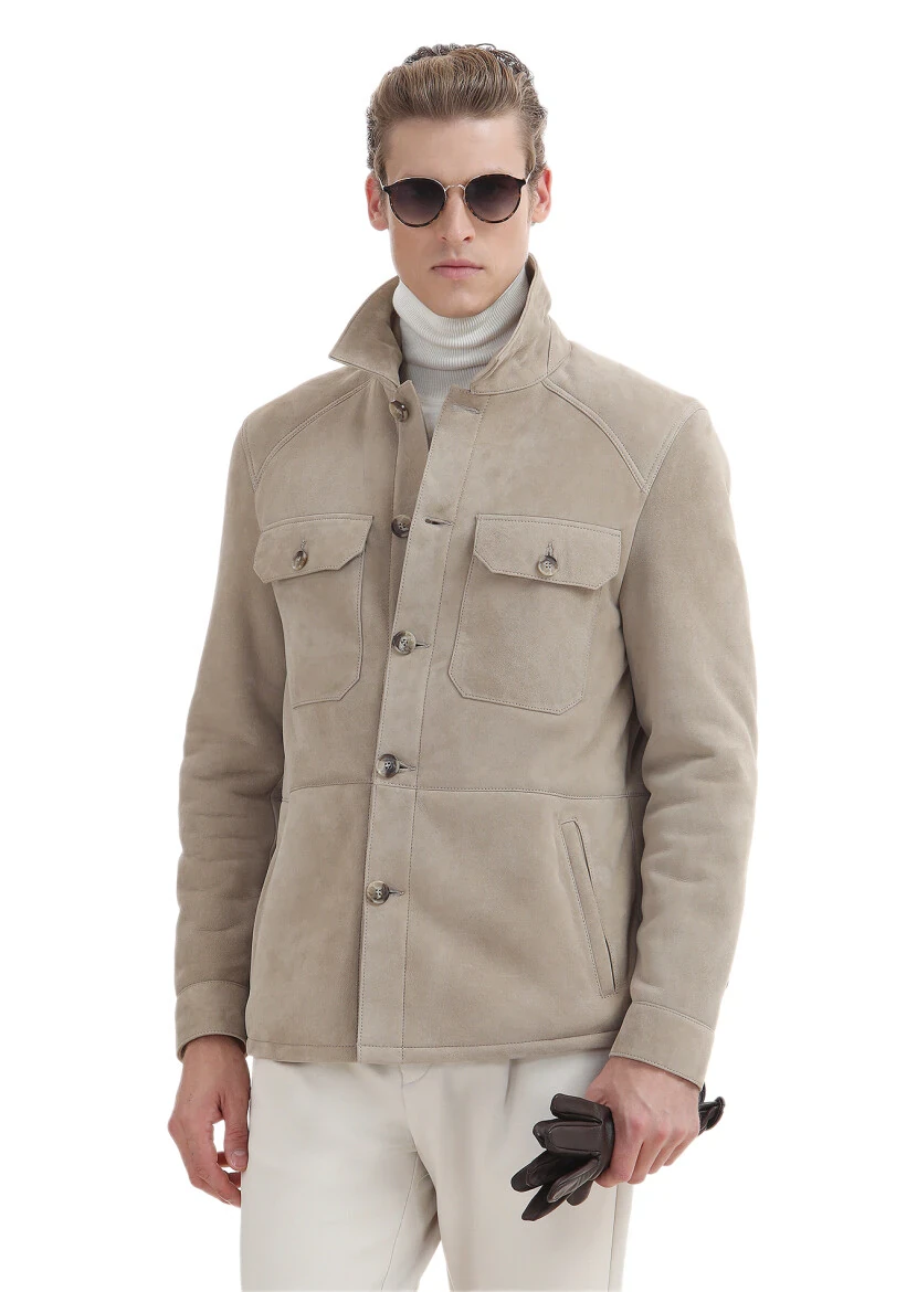 Bej Regular Fit Gömlek Yaka Casual Kürk Deri Mont - 5