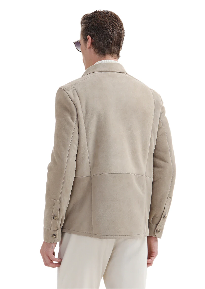 Bej Regular Fit Gömlek Yaka Casual Kürk Deri Mont - 6