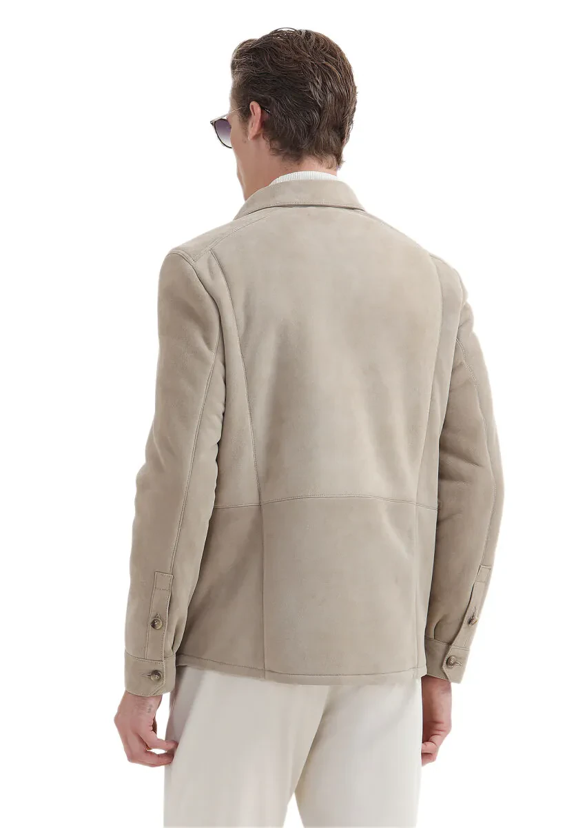 Bej Regular Fit Gömlek Yaka Casual Kürk Deri Mont - 6