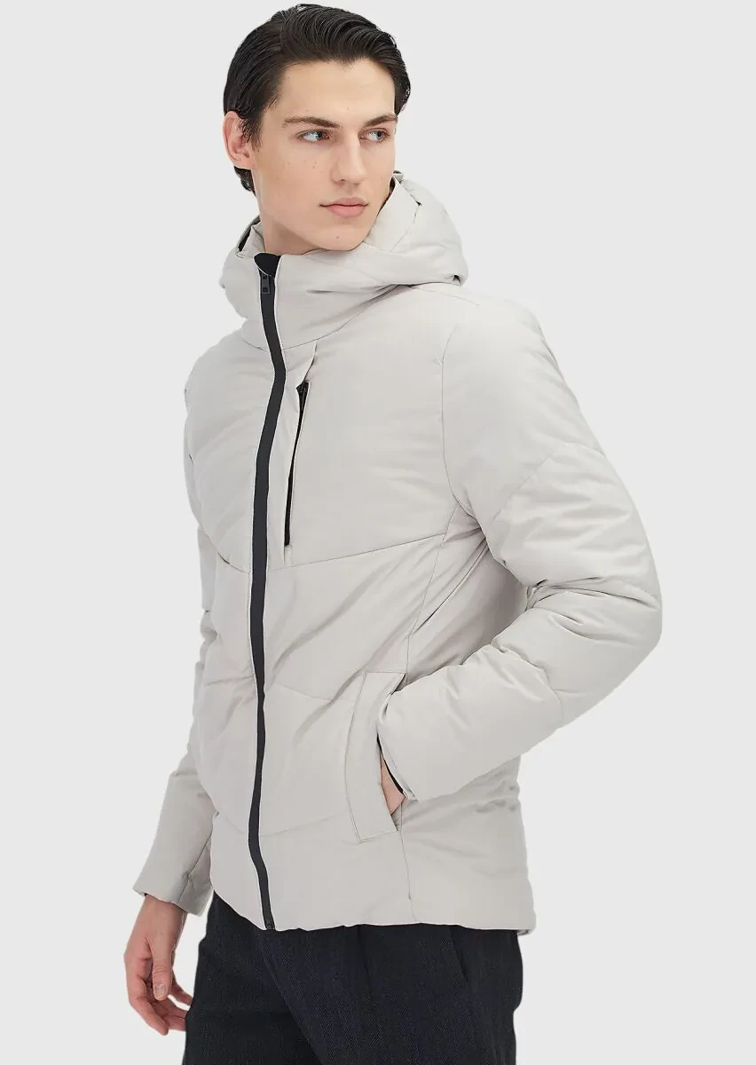 Bej Regular Fit Kapüşonlu Casual Dokuma Mont - 4