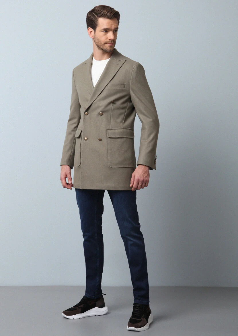 Bej Regular Fit Kruvaze Yaka Casual Dokuma Palto - 2