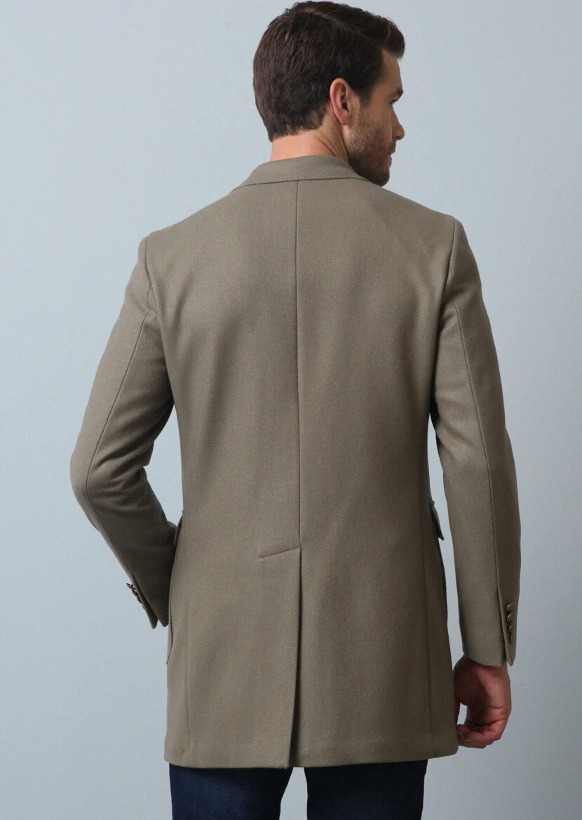 Bej Regular Fit Kruvaze Yaka Casual Dokuma Palto - 5