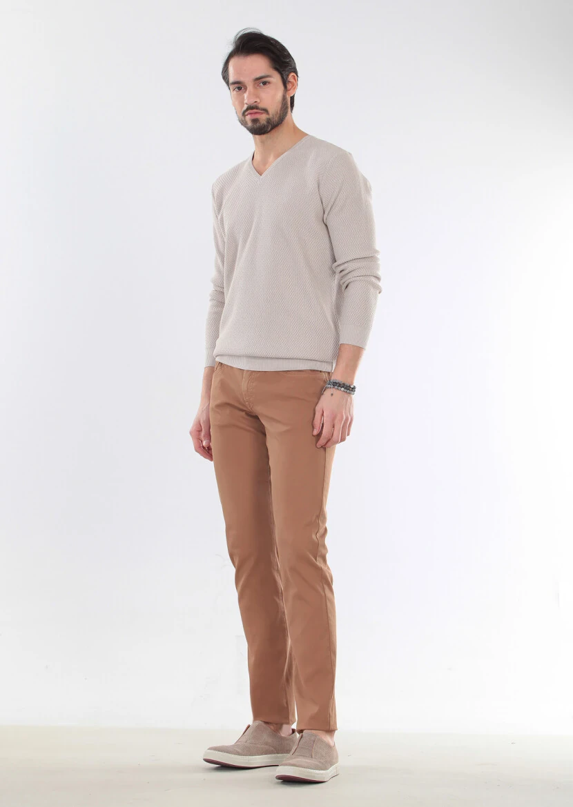 Bej V Yaka Jakarlı %100 Pamuk Triko Kazak - 1