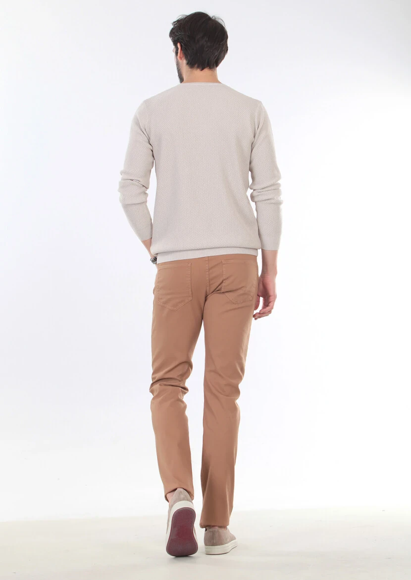 Bej V Yaka Jakarlı %100 Pamuk Triko Kazak - 2