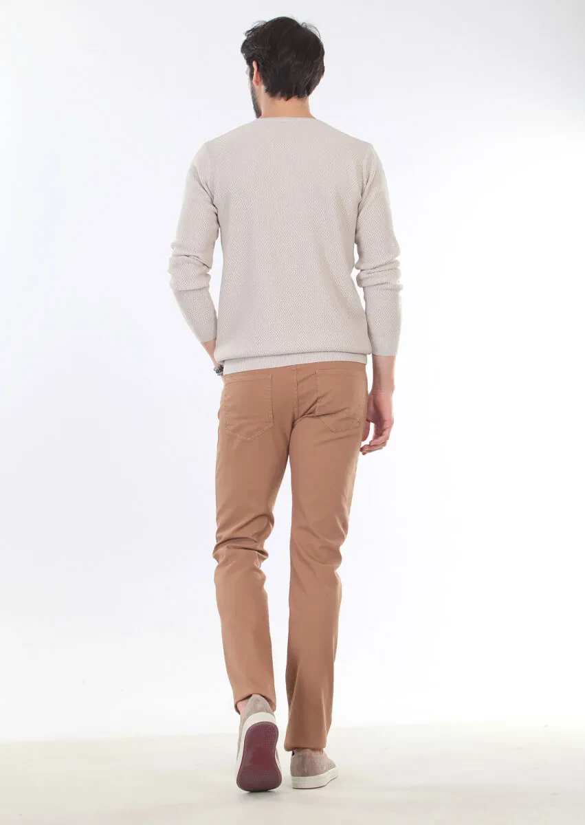 Bej V Yaka Jakarlı %100 Pamuk Triko Kazak - 2