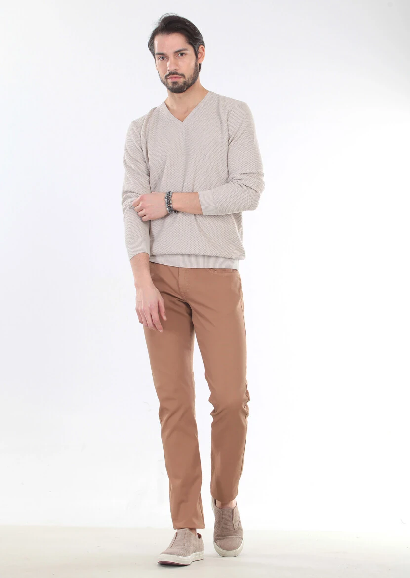 Bej V Yaka Jakarlı %100 Pamuk Triko Kazak - 3