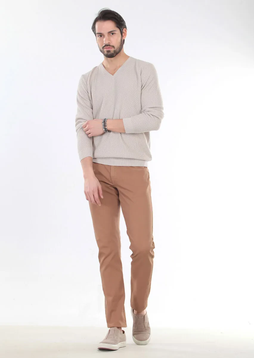 Bej V Yaka Jakarlı %100 Pamuk Triko Kazak - 3