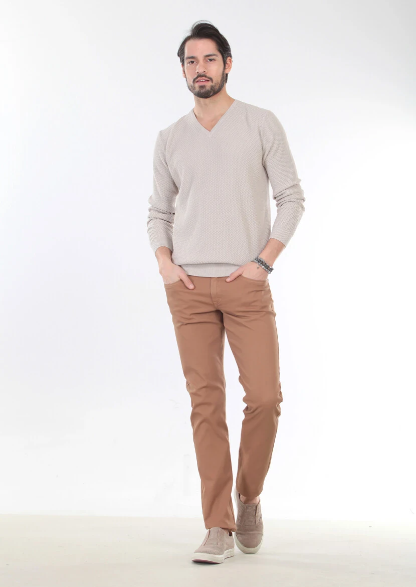 Bej V Yaka Jakarlı %100 Pamuk Triko Kazak - 4