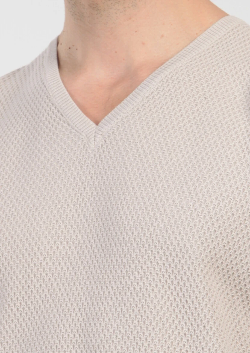 Bej V Yaka Jakarlı %100 Pamuk Triko Kazak - 5