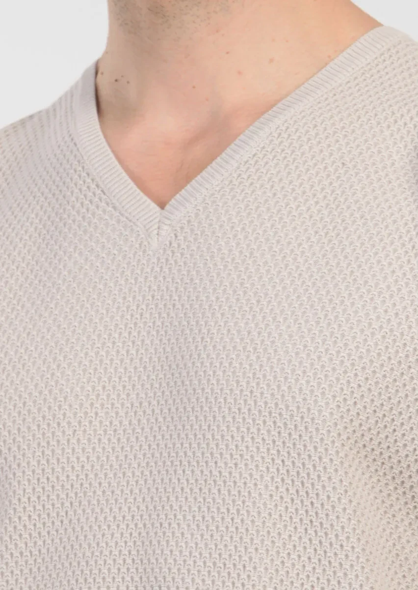Bej V Yaka Jakarlı %100 Pamuk Triko Kazak - 5