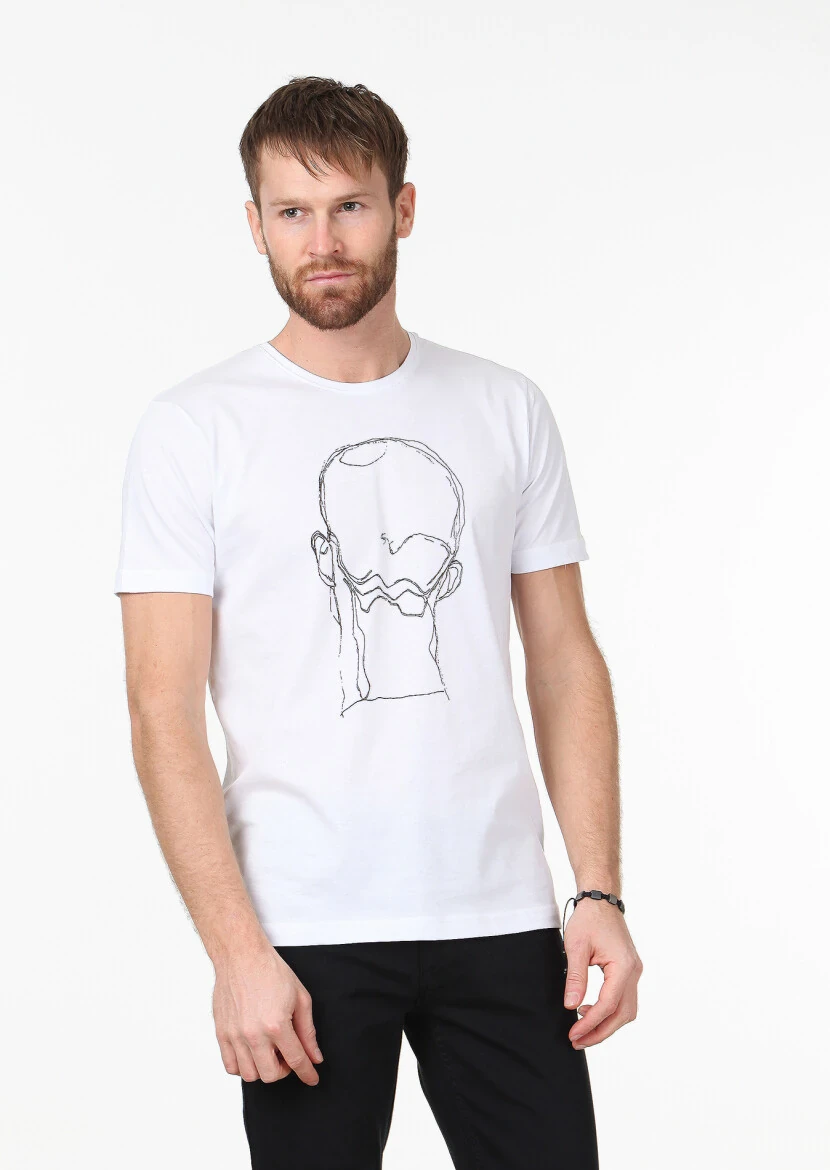 Beyaz Baskılı %100 Pamuk T-Shirt - 1