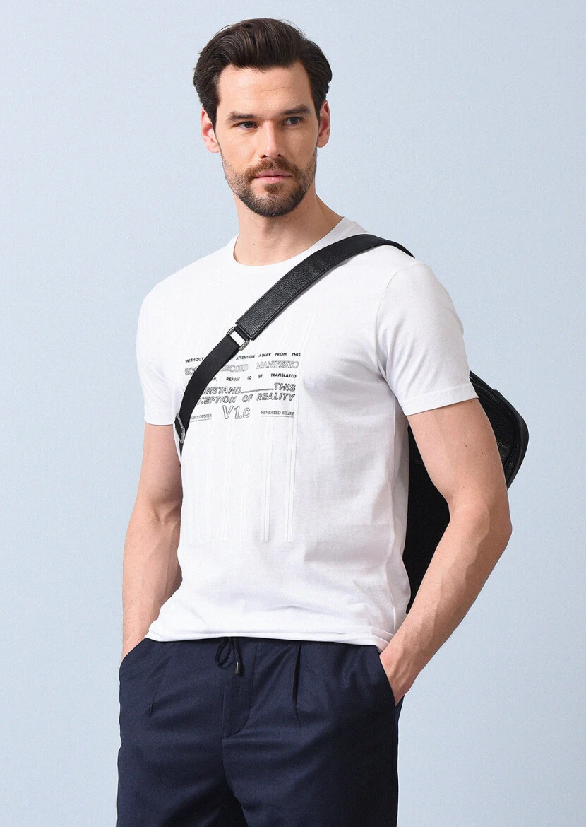 Beyaz Baskılı %100 Pamuk T-Shirt - 2