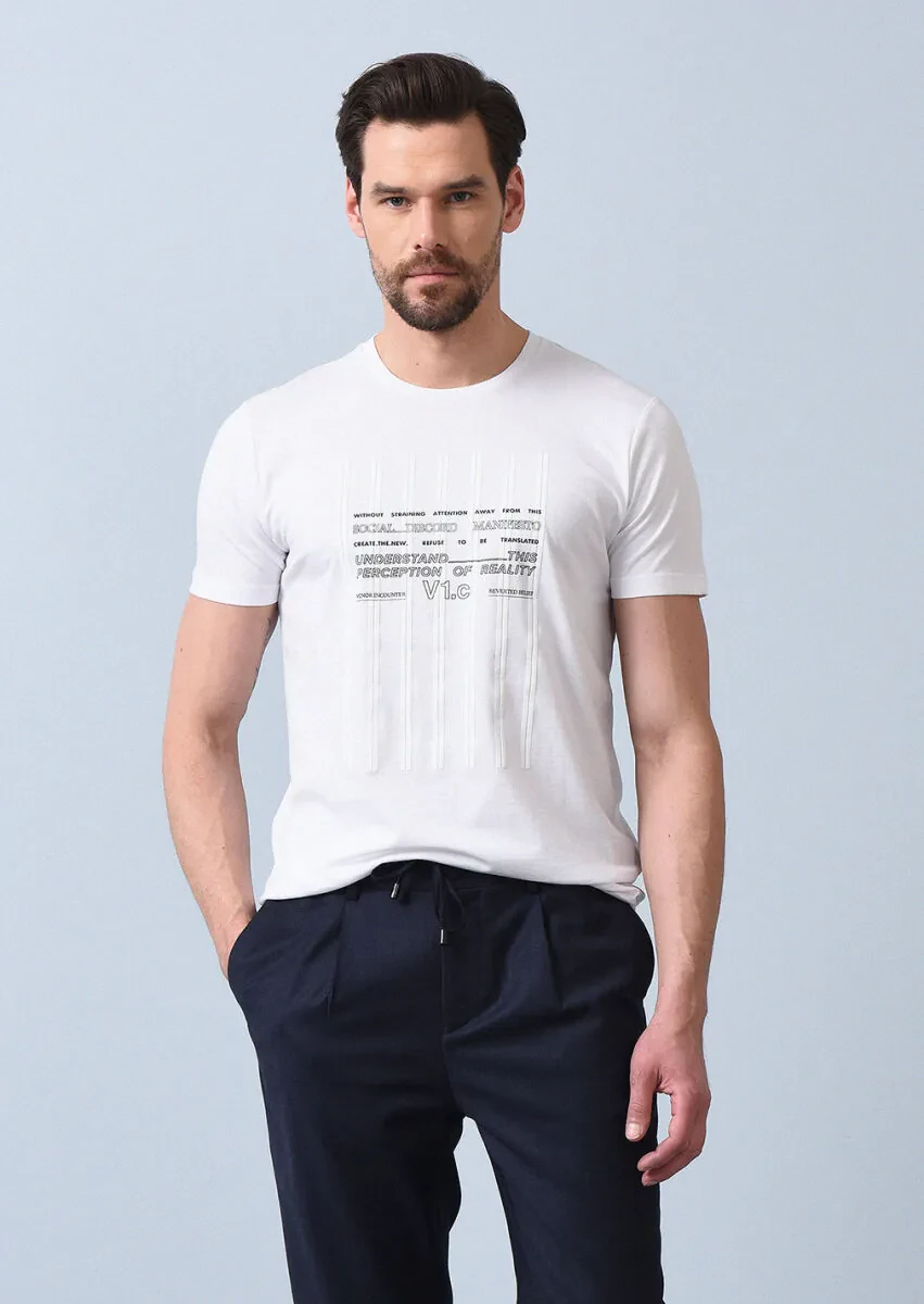Beyaz Baskılı %100 Pamuk T-Shirt - 4