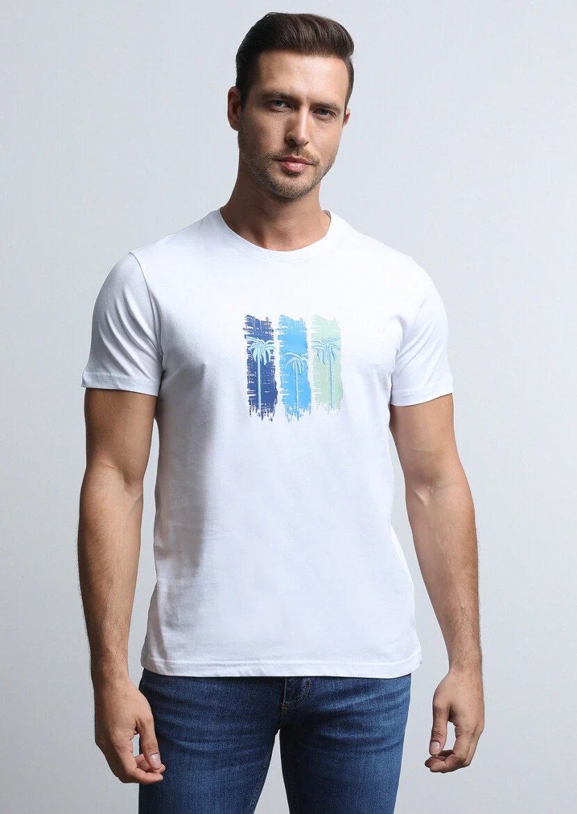 Beyaz Baskılı %100 Pamuk T-Shirt - 1