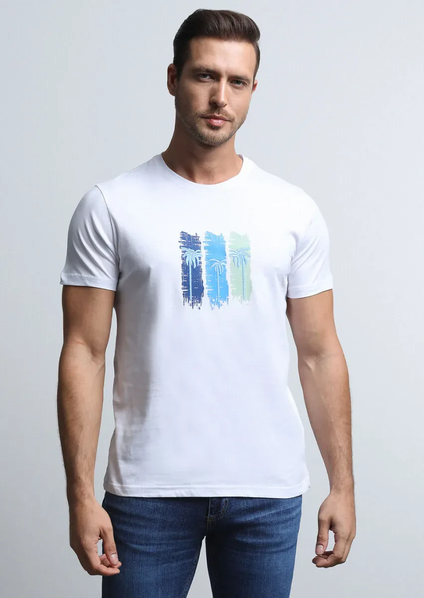 Beyaz Baskılı %100 Pamuk T-Shirt - 1