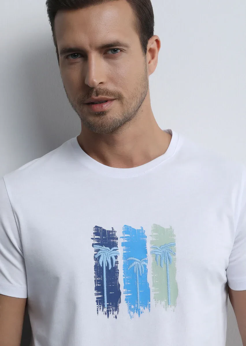 Beyaz Baskılı %100 Pamuk T-Shirt - 2