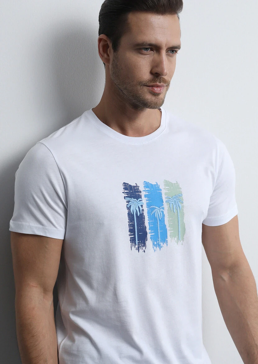 Beyaz Baskılı %100 Pamuk T-Shirt - 4