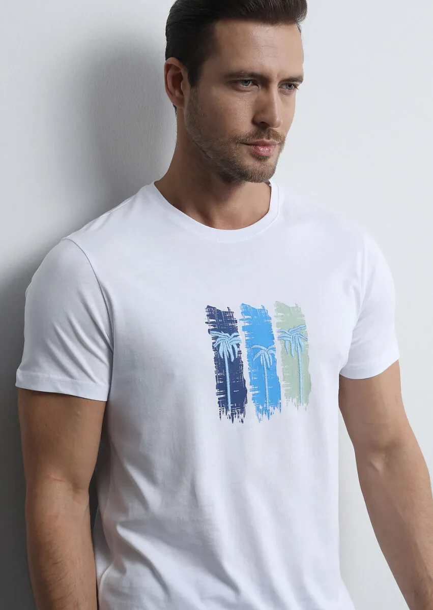 Beyaz Baskılı %100 Pamuk T-Shirt - 4