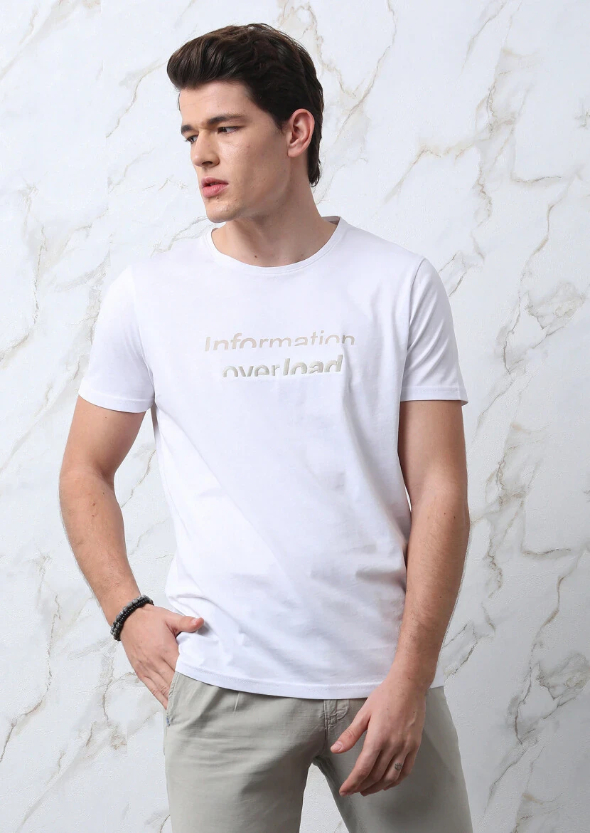 Beyaz Baskılı %100 Pamuk T-Shirt - 1