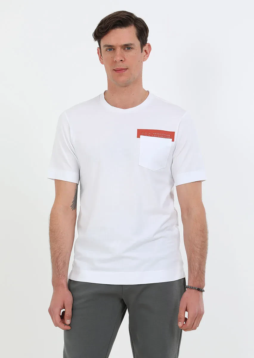 Beyaz Baskılı Bisiklet Yaka %100 Pamuk T-Shirt - 1