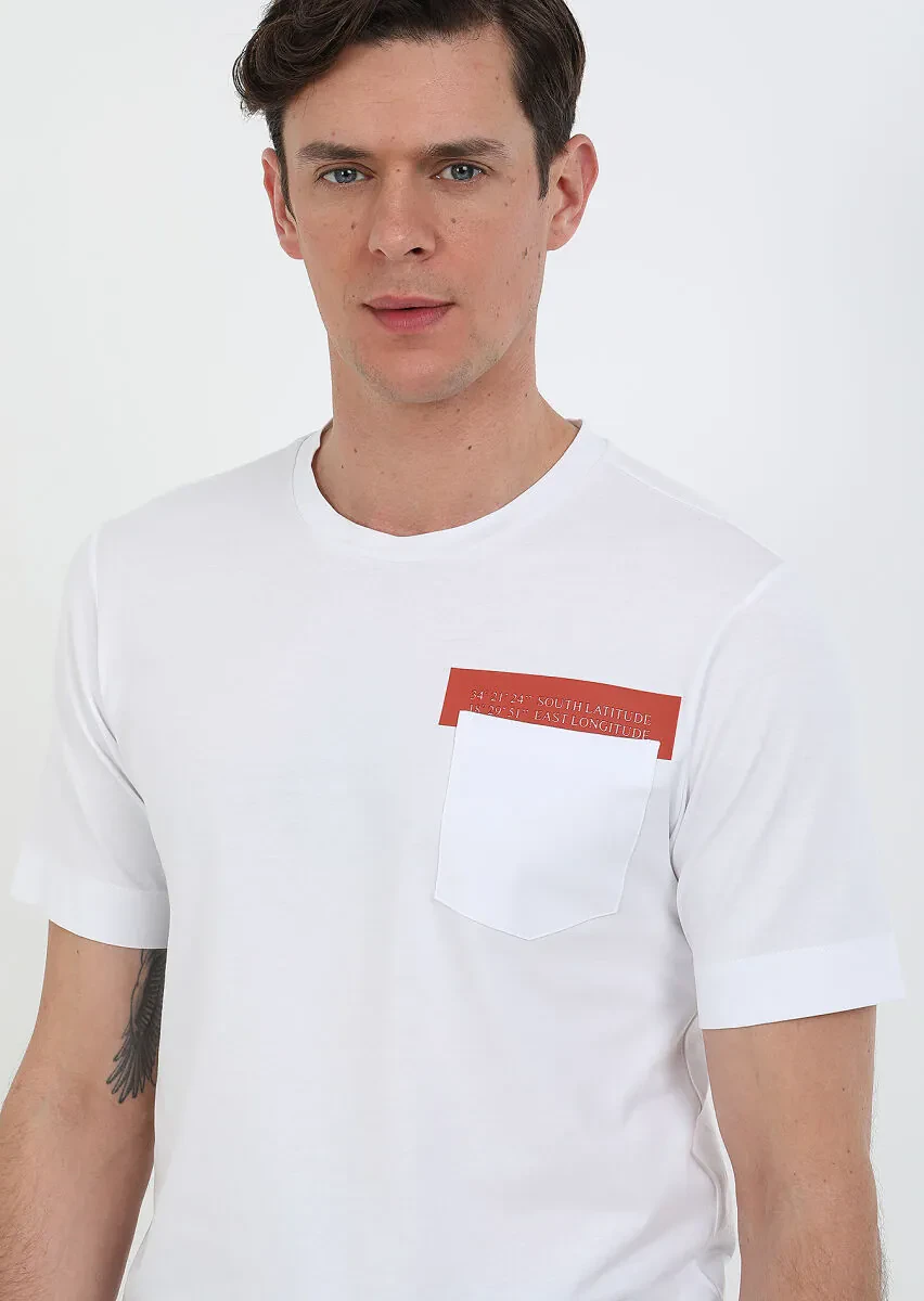 Beyaz Baskılı Bisiklet Yaka %100 Pamuk T-Shirt - 3