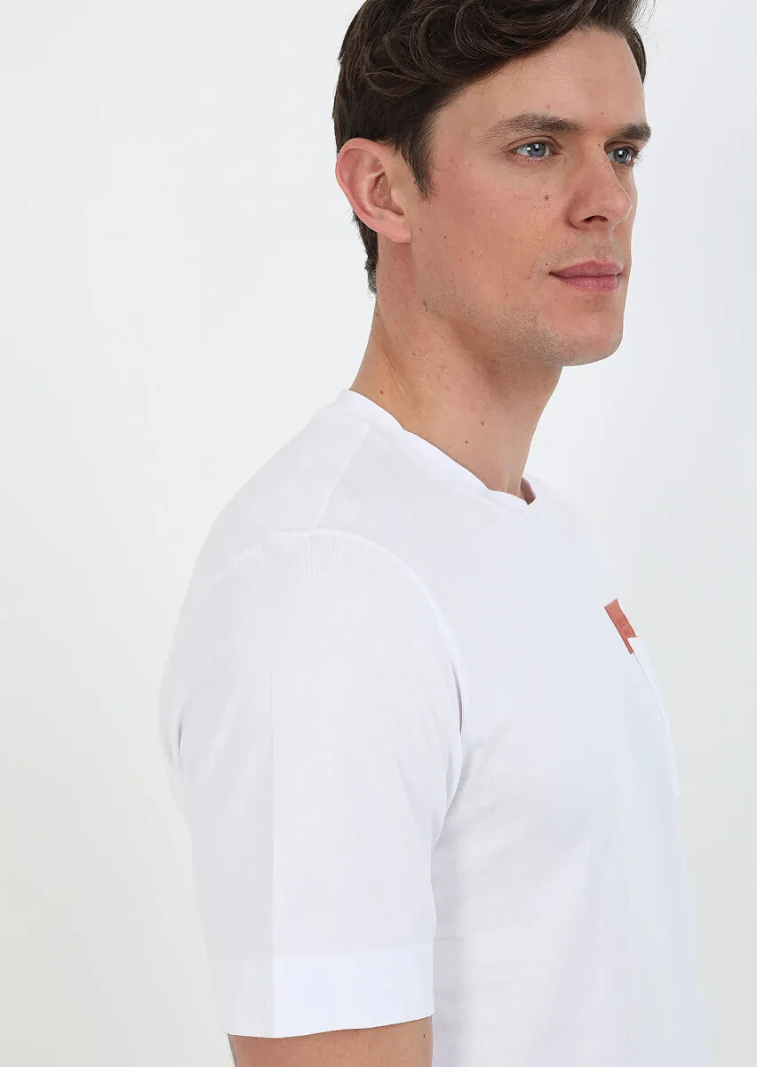 Beyaz Baskılı Bisiklet Yaka %100 Pamuk T-Shirt - 4