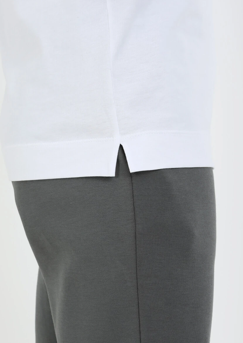 Beyaz Baskılı Bisiklet Yaka %100 Pamuk T-Shirt - 5