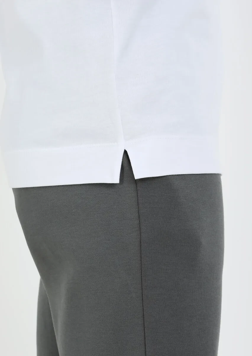 Beyaz Baskılı Bisiklet Yaka %100 Pamuk T-Shirt - 5