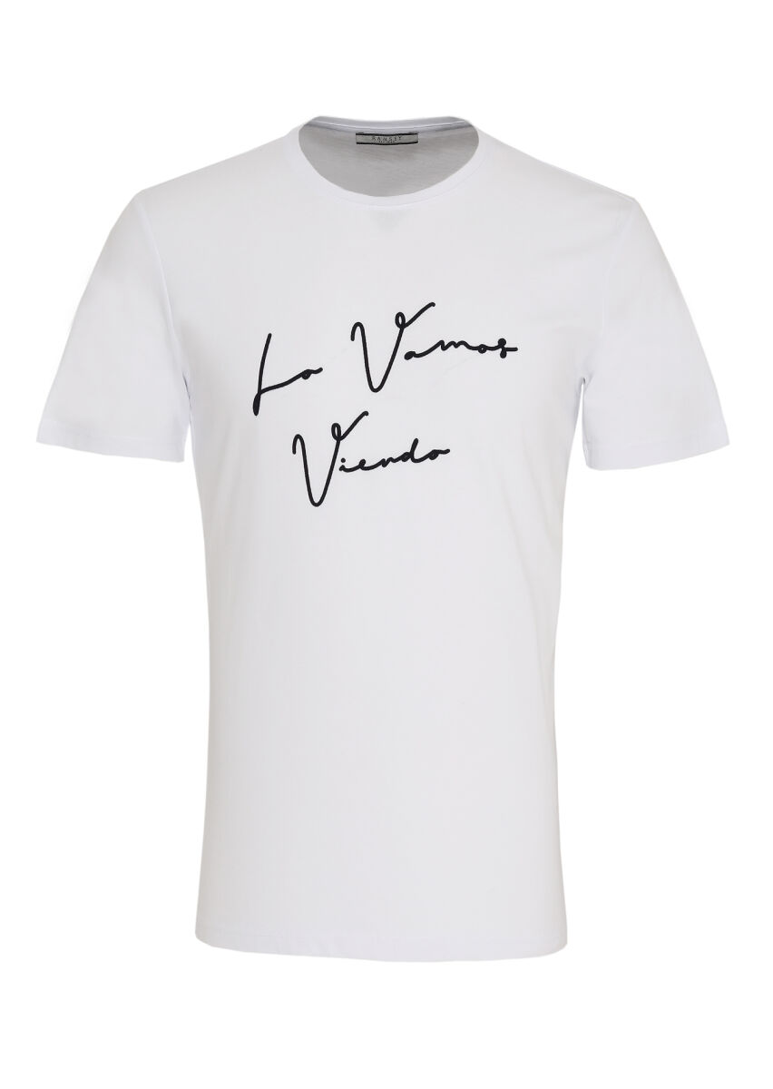 Beyaz Baskılı Bisiklet Yaka %100 Pamuk T-Shirt - 1