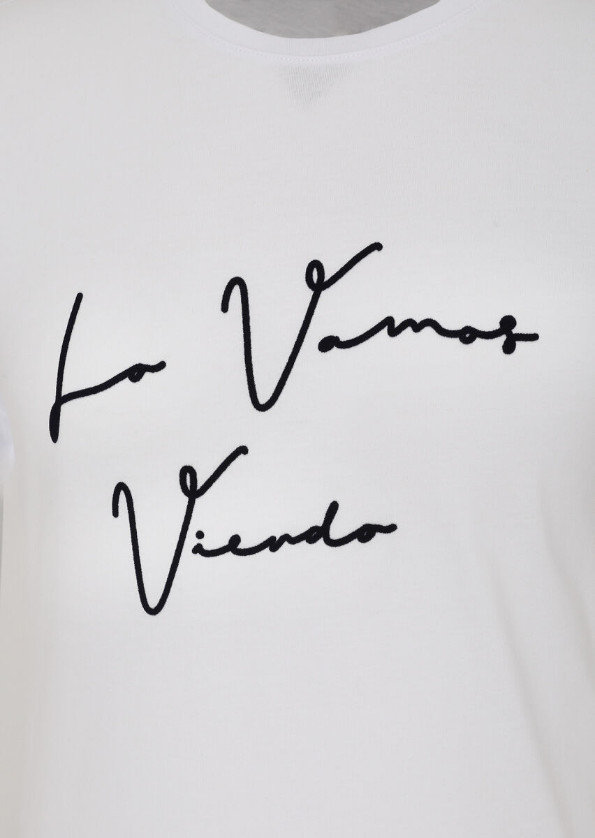 Beyaz Baskılı Bisiklet Yaka %100 Pamuk T-Shirt - 2