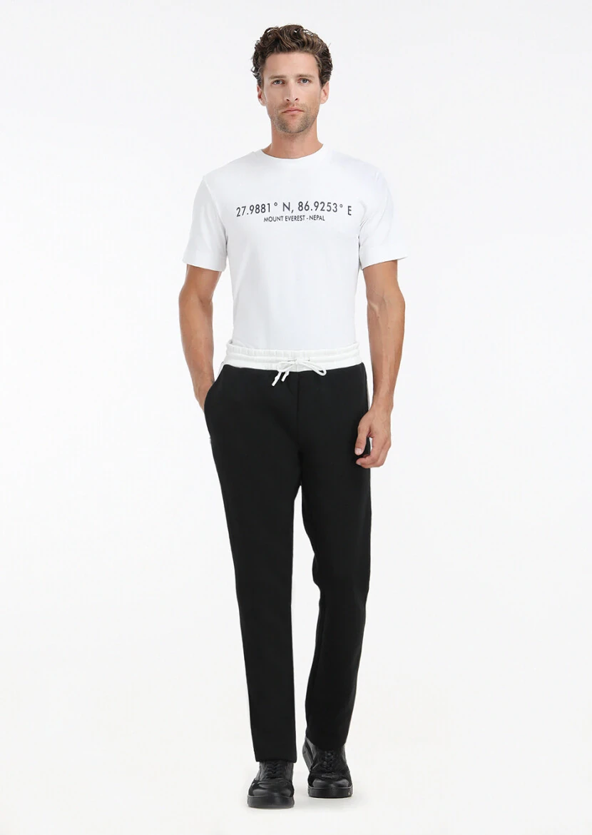 Beyaz Baskılı Bisiklet Yaka %100 Pamuk T-Shirt - 1