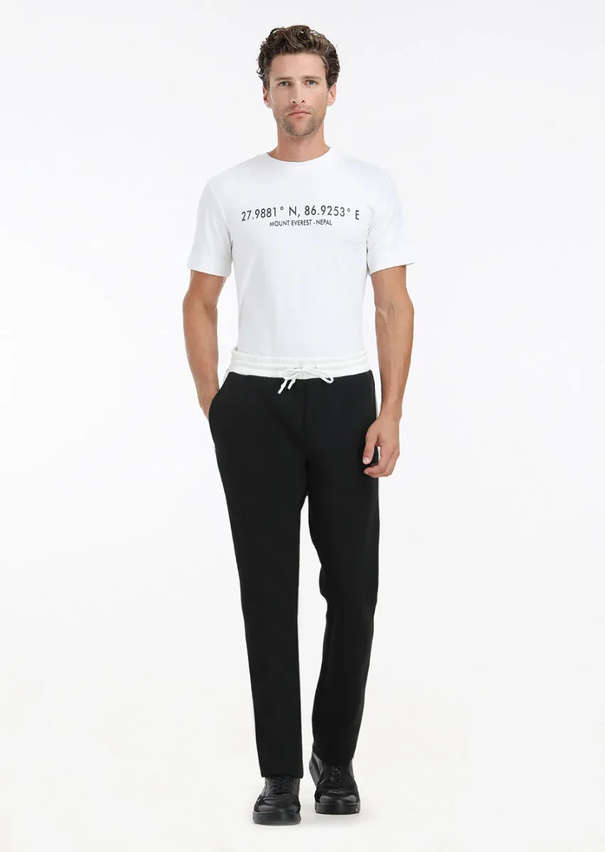 Beyaz Baskılı Bisiklet Yaka %100 Pamuk T-Shirt - 1