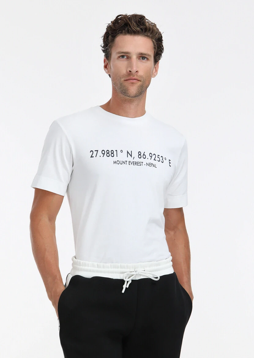 Beyaz Baskılı Bisiklet Yaka %100 Pamuk T-Shirt - 2