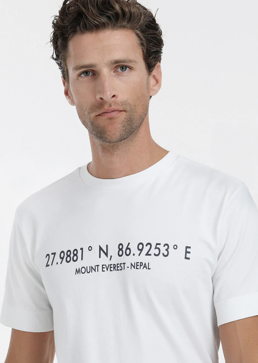 Beyaz Baskılı Bisiklet Yaka %100 Pamuk T-Shirt - 3