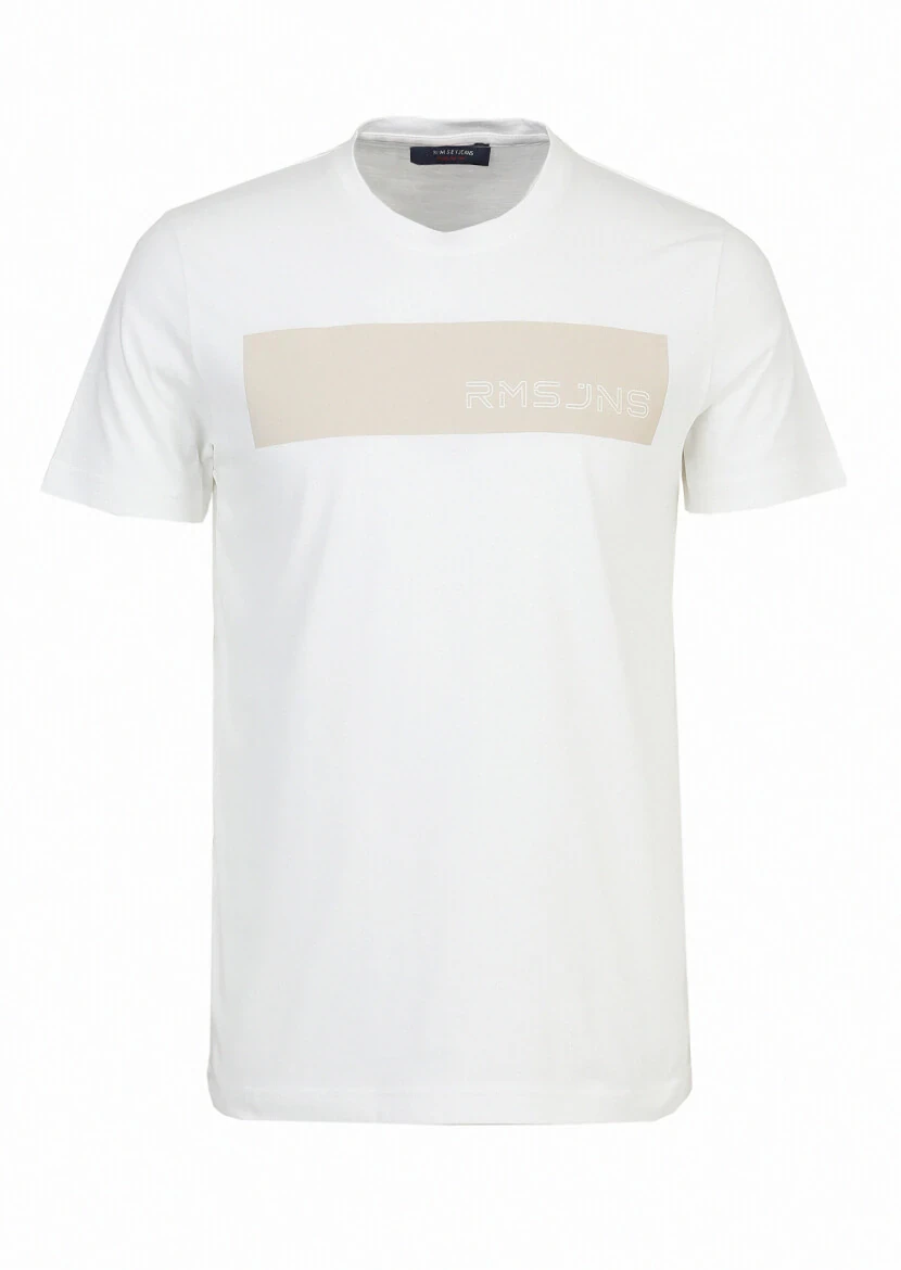 Beyaz Baskılı Bisiklet Yaka %100 Pamuk T-Shirt - 7