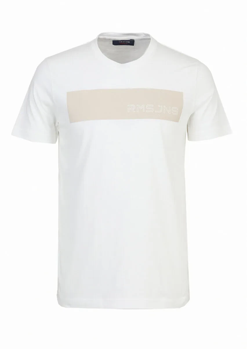 Beyaz Baskılı Bisiklet Yaka %100 Pamuk T-Shirt - 7