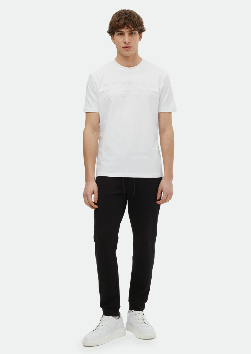 Beyaz Baskılı Bisiklet Yaka %100 Pamuk T-Shirt 