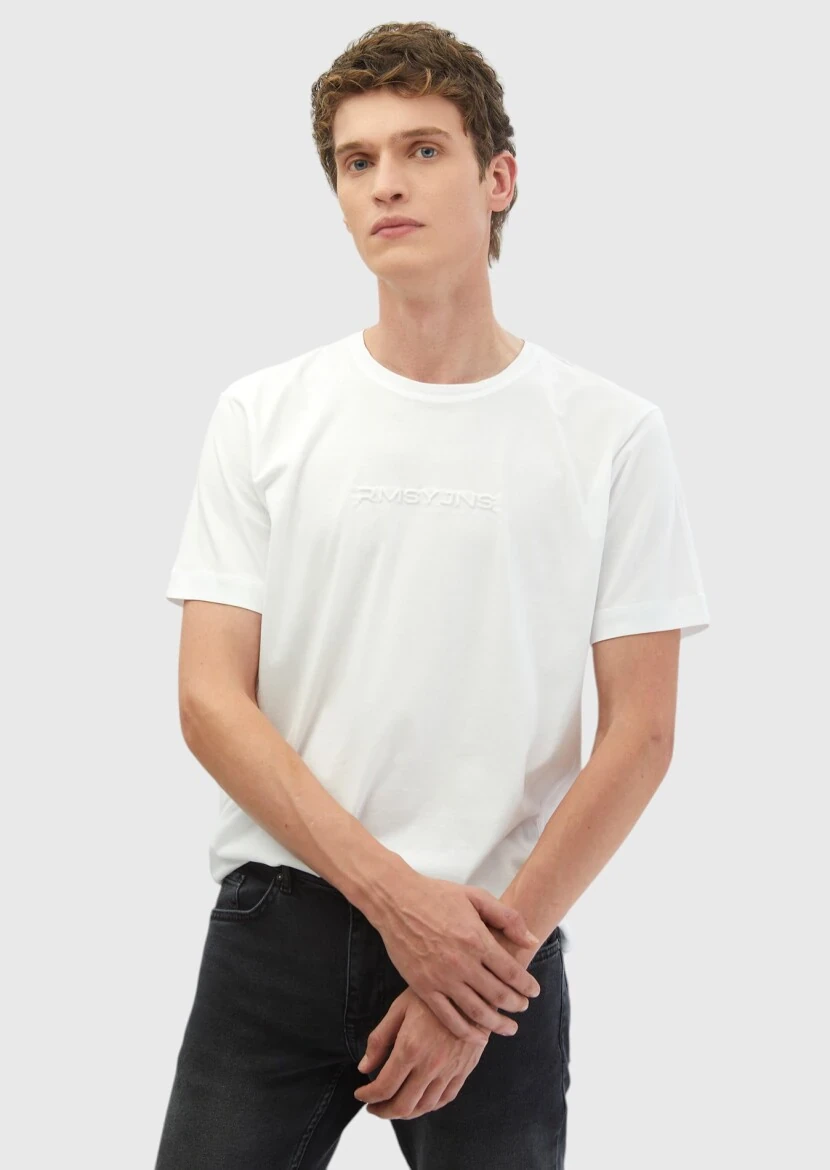 Beyaz Baskılı Bisiklet Yaka %100 Pamuk T-Shirt - RAMSEY