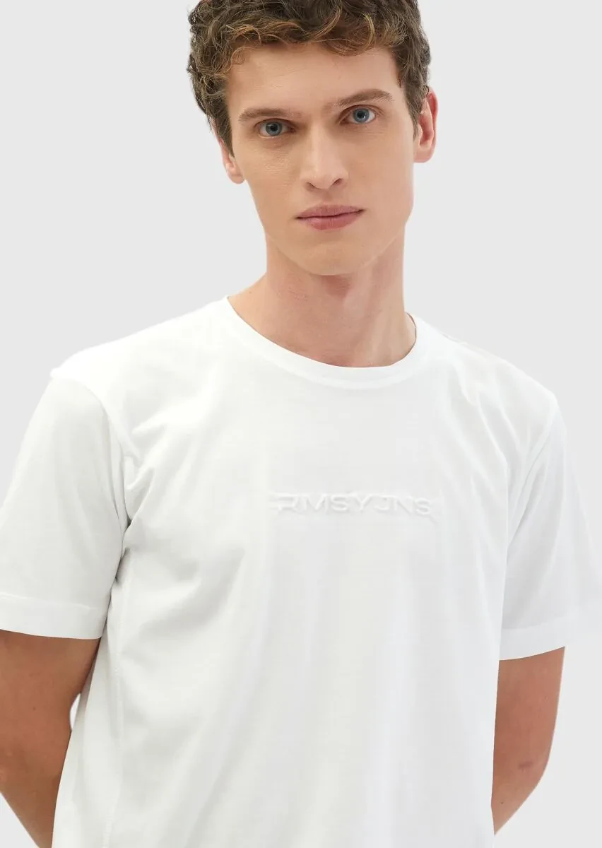 Beyaz Baskılı Bisiklet Yaka %100 Pamuk T-Shirt - 3