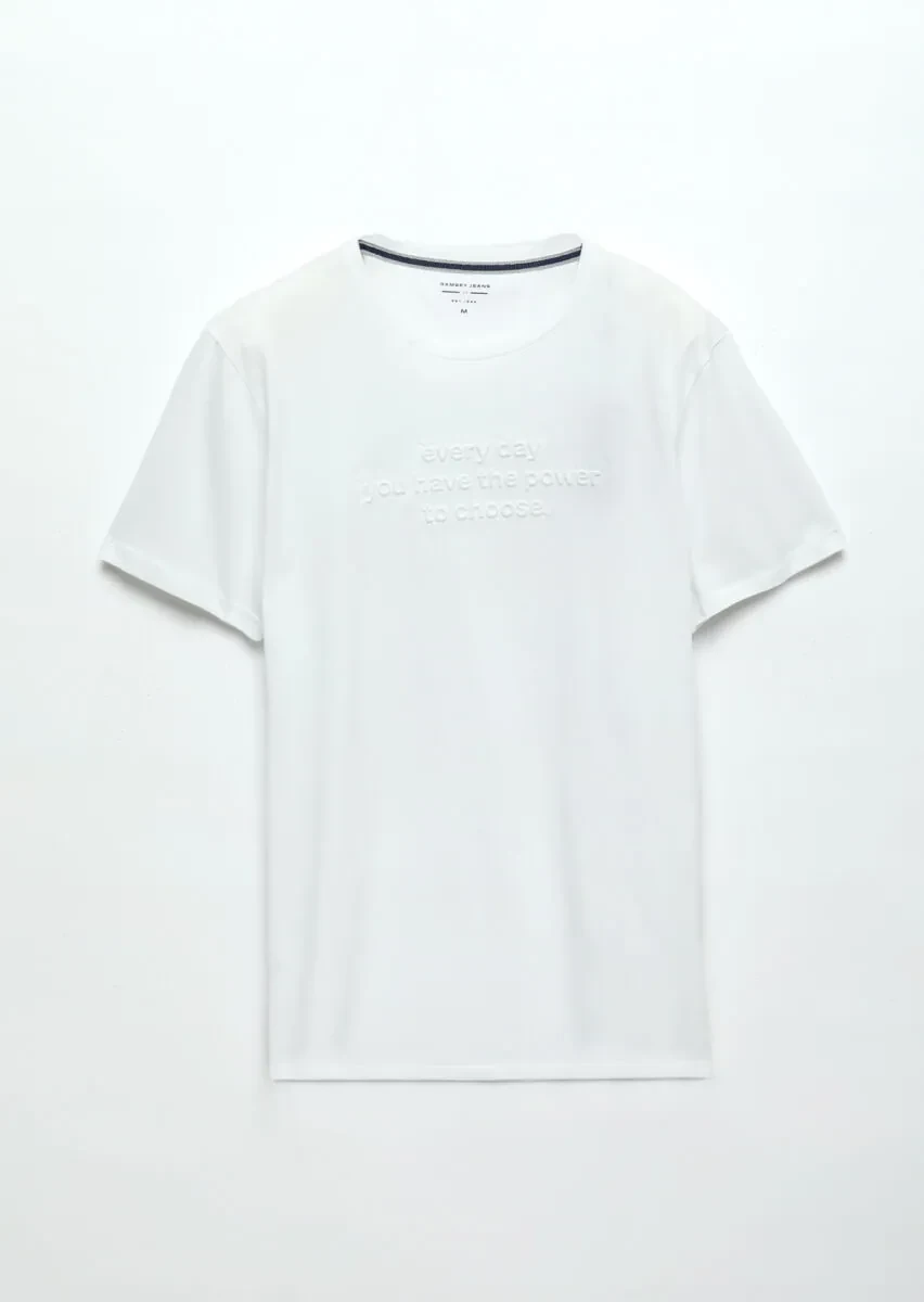 Beyaz Baskılı Bisiklet Yaka %100 Pamuk T-Shirt - 5