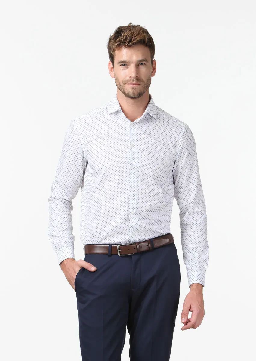 Beyaz Baskılı Regular Fit Dokuma Klasik %100 Pamuk Gömlek - 1