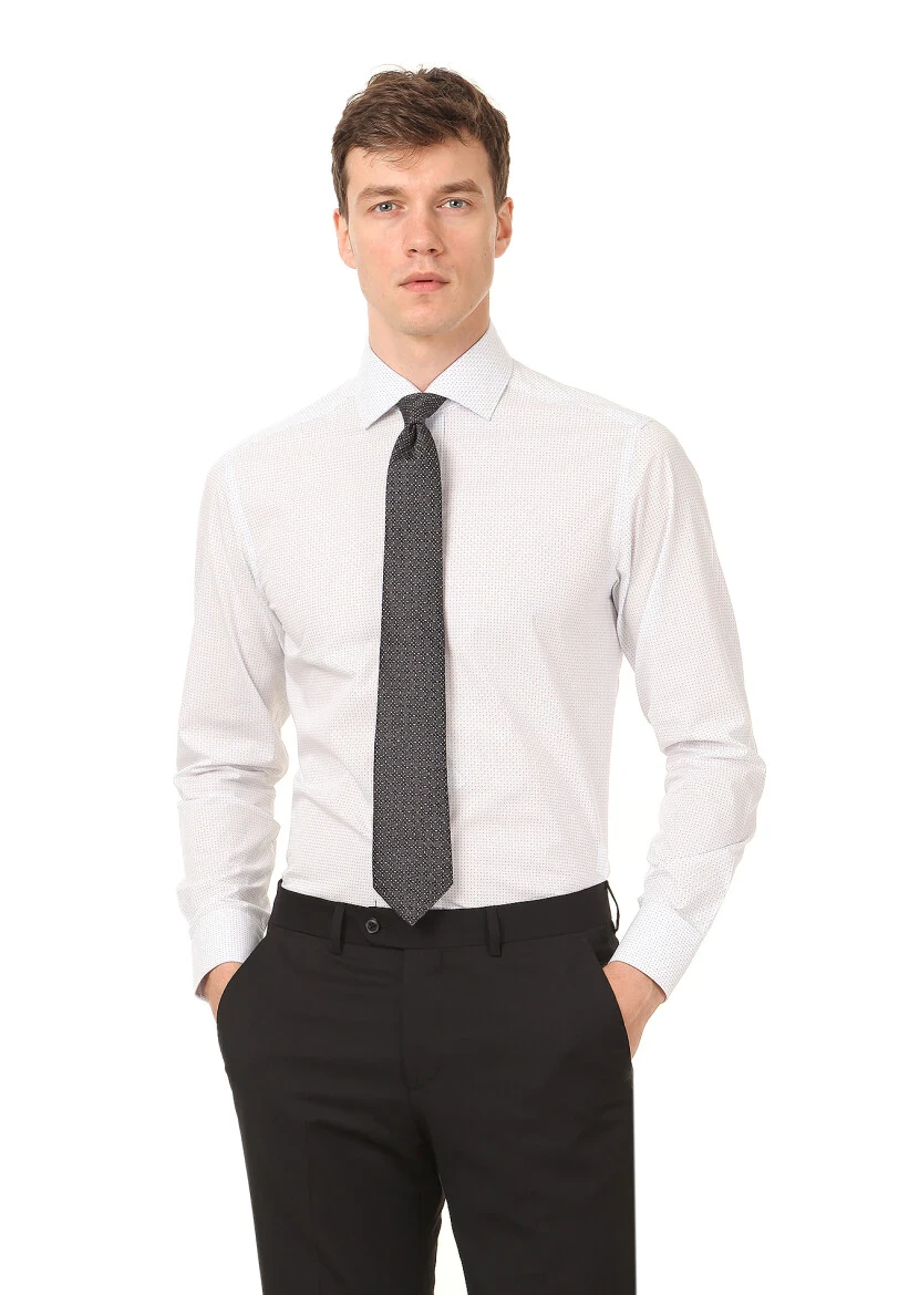 Beyaz Baskılı Regular Fit Dokuma Klasik %100 Pamuk Gömlek - 1