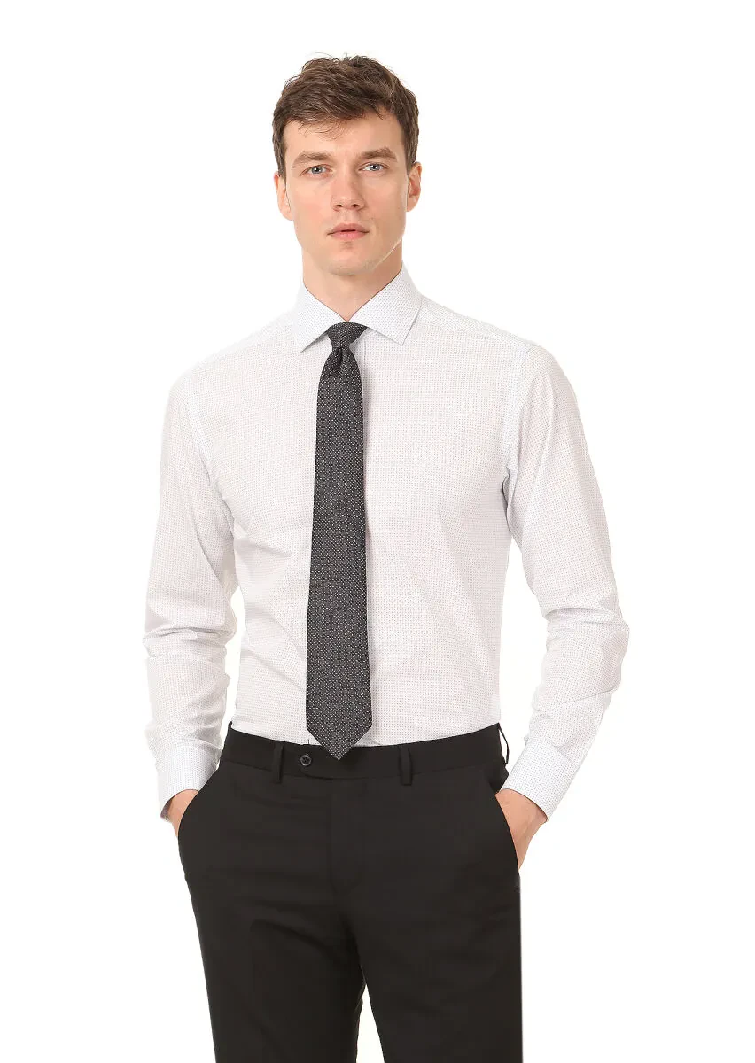 Beyaz Baskılı Regular Fit Dokuma Klasik %100 Pamuk Gömlek - 1