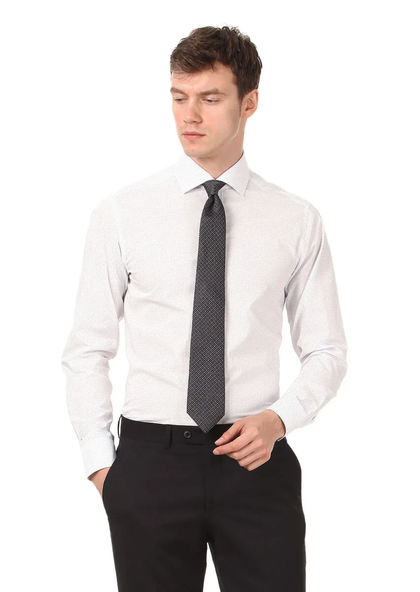 Beyaz Baskılı Regular Fit Dokuma Klasik %100 Pamuk Gömlek - 3
