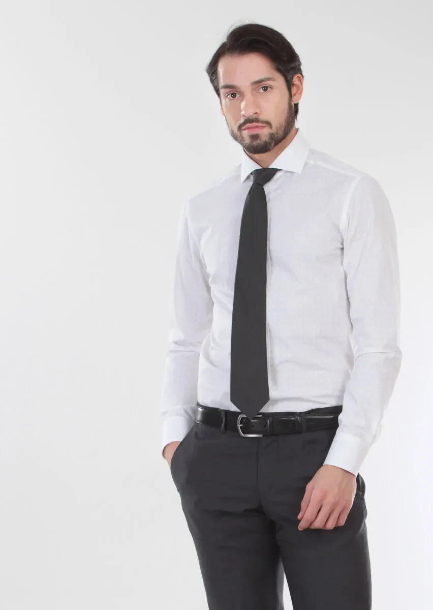 Beyaz Baskılı Slim Fit Dokuma Klasik %100 Pamuk Gömlek - 1
