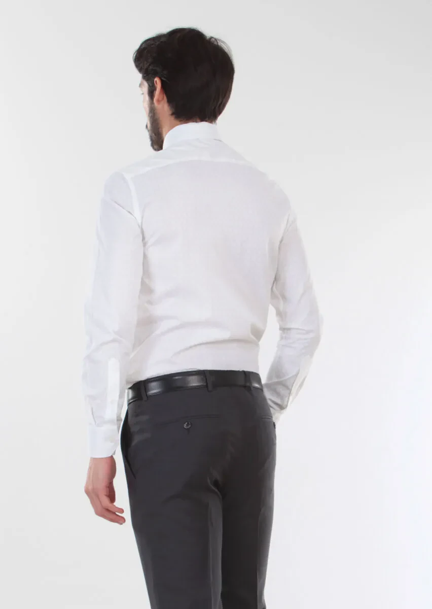 Beyaz Baskılı Slim Fit Dokuma Klasik %100 Pamuk Gömlek - 2